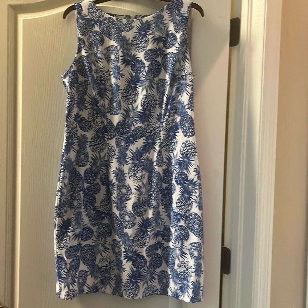Ladies dress with white background and blue pineapple, print, rare.